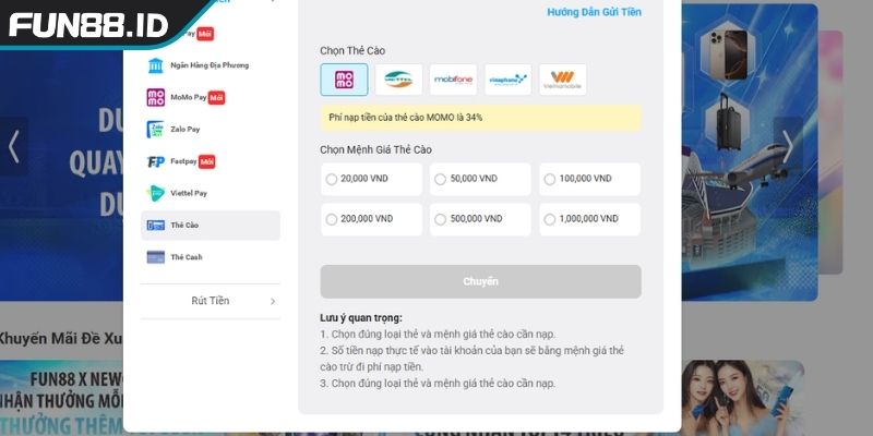 Nạp Và Rút Tiền FUN88 3 Hạn mức giao dịch cùng phí nạp và rút tiền FUN88
